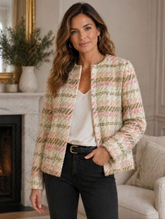 Clarissa Jackets & Blazers - Clarissa Tweed Blazer White Pink Green Women’s Plus 14